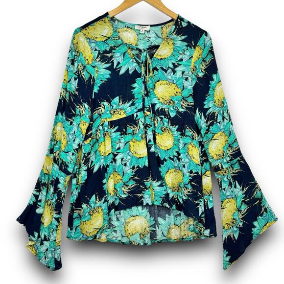 Umgee Teal Sunflower High Low Blouse Top Bell Sleeve Tie Neck Lightweight Medium - Picture 1 of 7